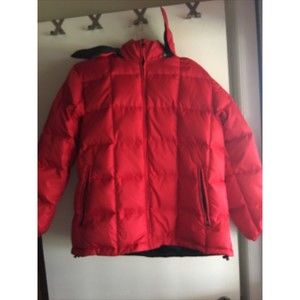 Lands End M Red/Blue Goose Down Hooded Puffer Outdoor Vintage Coat Jacket